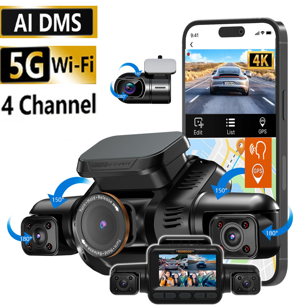 HUPEJOS V8Pro-4CH 360° 4K Dash Cam AI Driver Monitor System Built-in WiFi GPS,Night Vision,Voice Control,24H Parking Mode