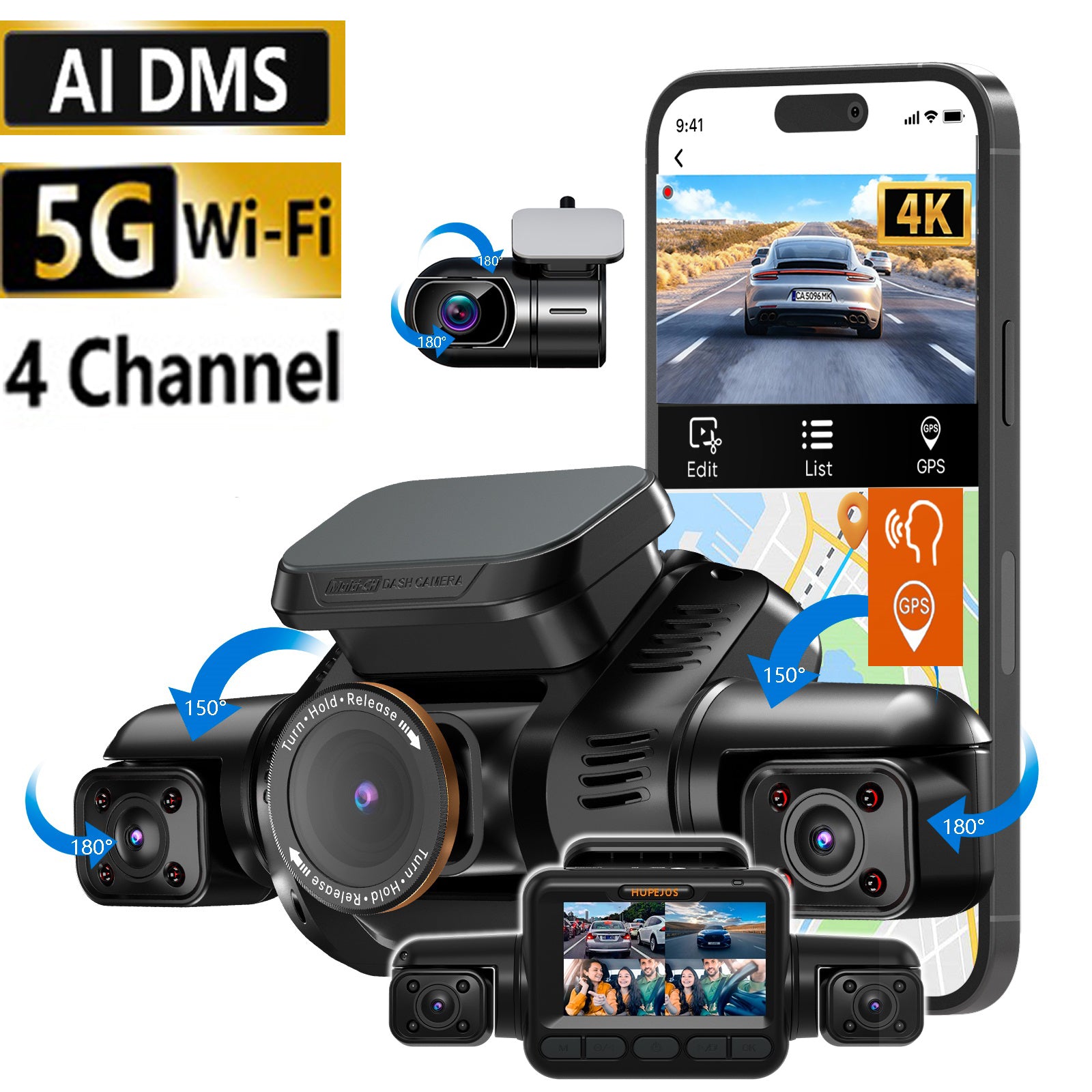 HUPEJOS V8Pro-4CH 360° 4K Dash Cam AI Driver Monitor System Built-in WiFi GPS,Night Vision,Voice Control,24H Parking Mode