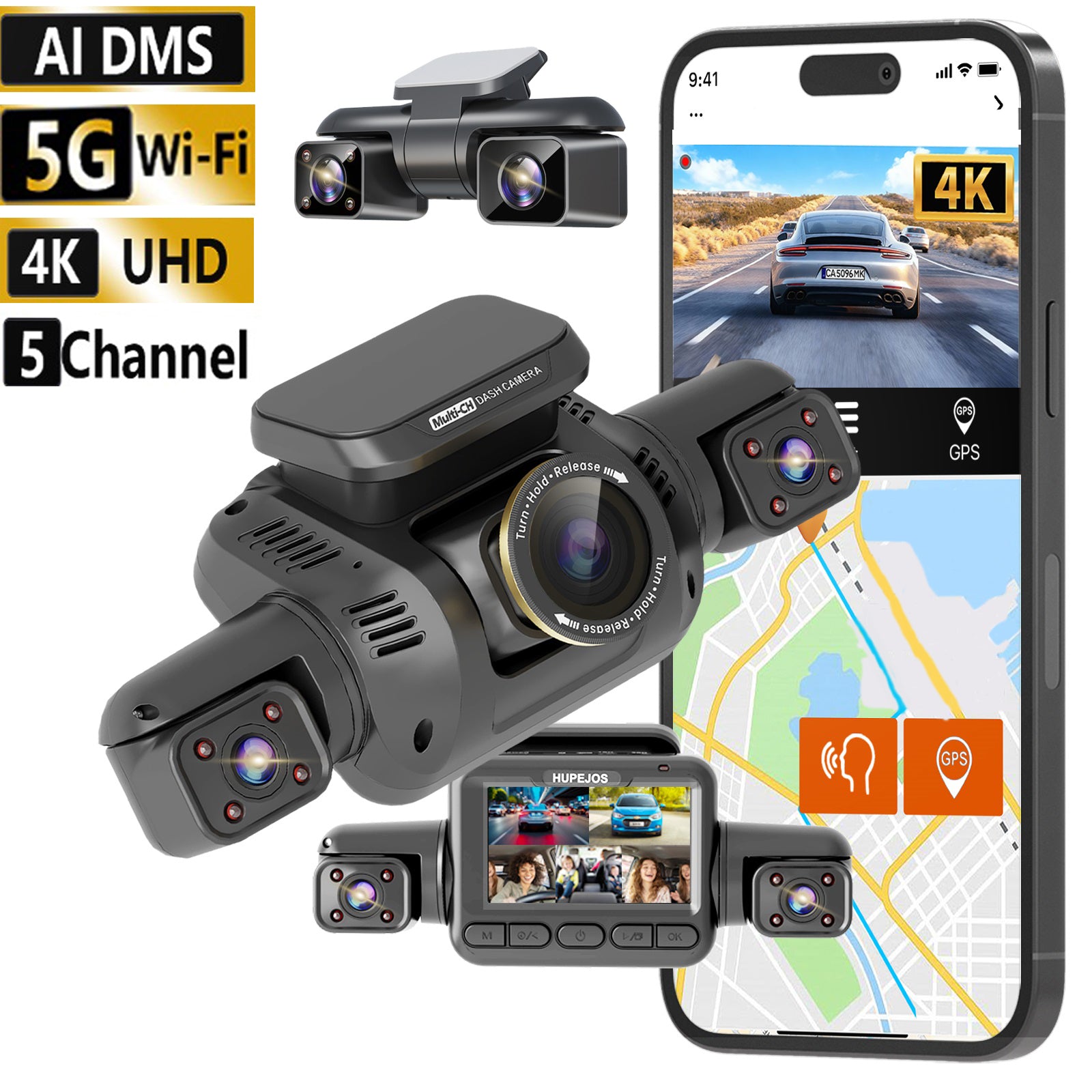 HUPEJOS 360° V8 Ultra-5CH 4K Dash Cam With AI Driver Monitor System DMS Built-in GPS WiFi Night Vision,24/7 Parking Monitor Mode