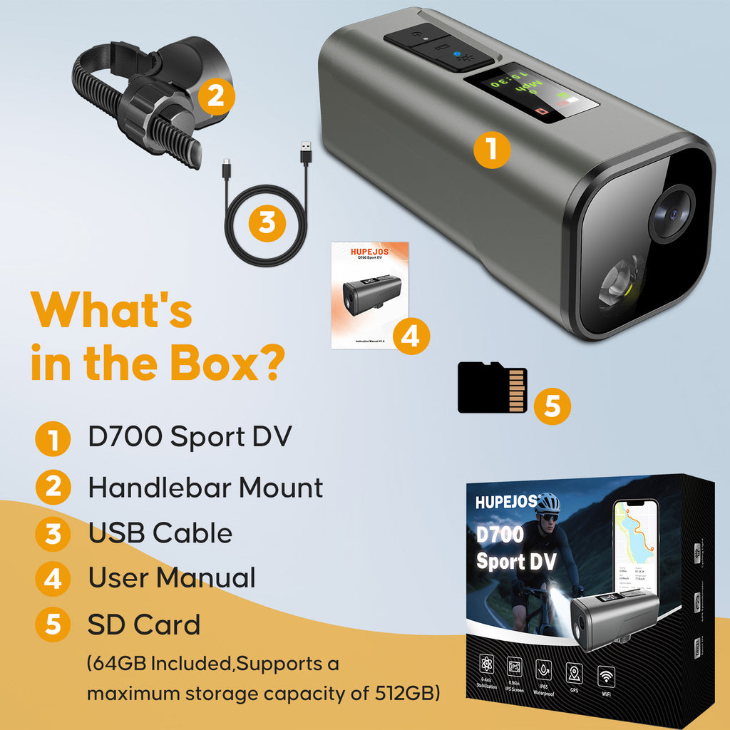 HUPEJOS 4K UHD Action Camera With GPS Tracker,Wireless Bike Camera,Anti-Shake Sport DV,IP65 Waterproof,Bicycle Light,APP Support