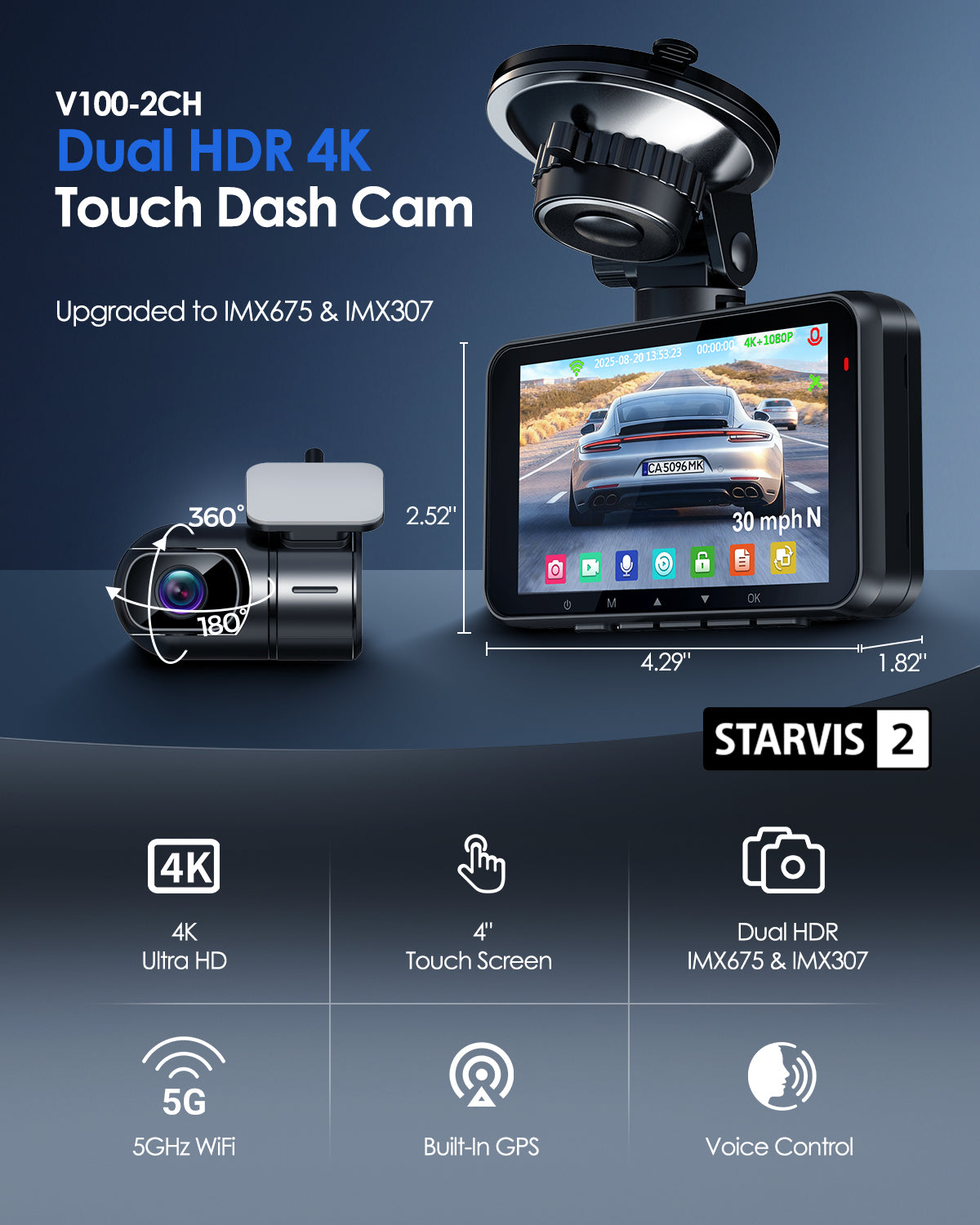 HUPEJOS 4K 2CH Dash Cam Front And Rear STARVIS 2 DualHDR,4"Touch Screen Built-in GPS 5G WiFi,Voice Control,WDR,24/7 Parking Mode