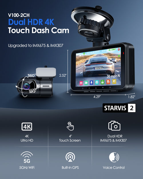 HUPEJOS 4K 2CH Dash Cam Front And Rear STARVIS 2 DualHDR,4"Touch Screen Built-in GPS 5G WiFi,Voice Control,WDR,24/7 Parking Mode