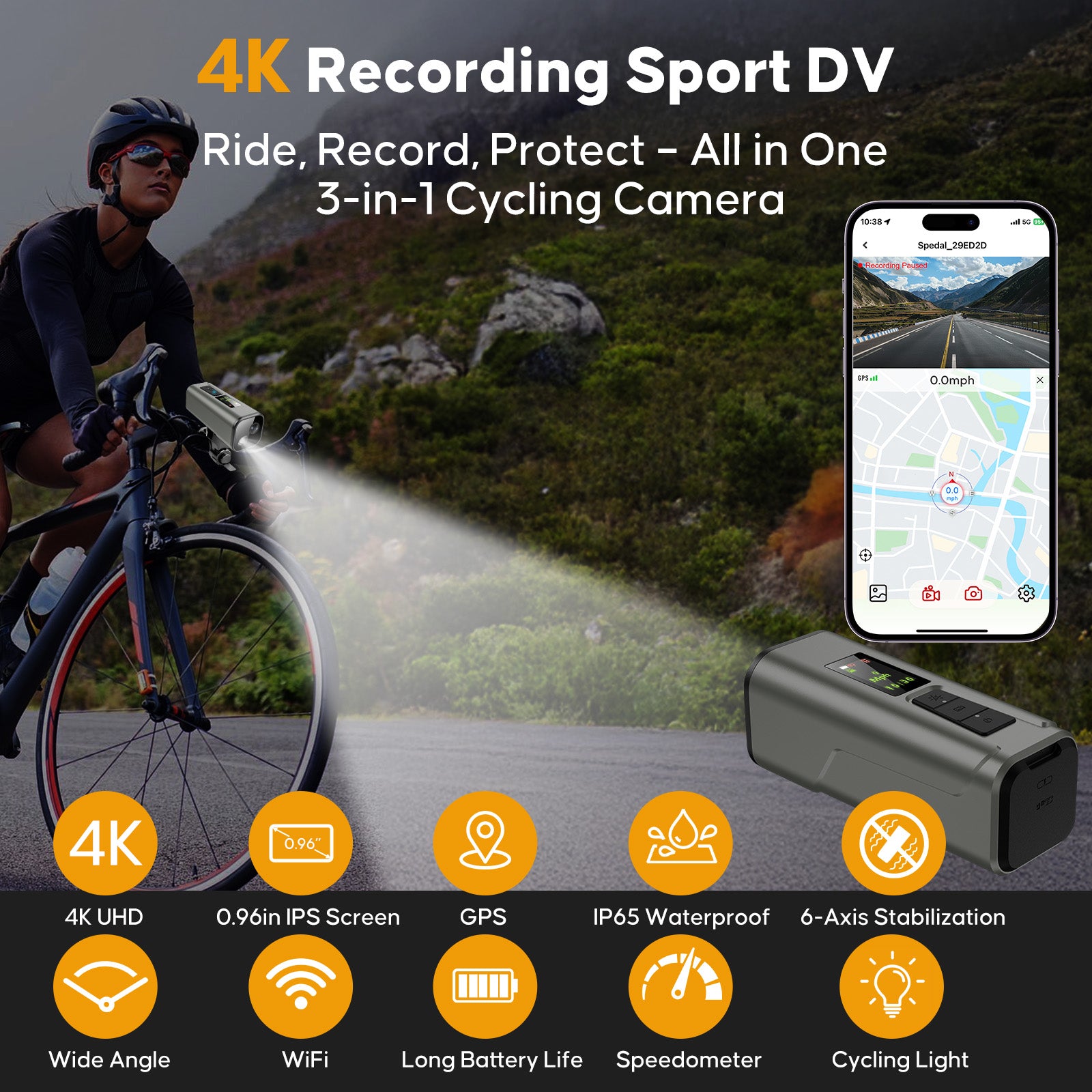 HUPEJOS 4K UHD Action Camera With GPS Tracker,Wireless Bike Camera,Anti-Shake Sport DV,IP65 Waterproof,Bicycle Light,APP Support