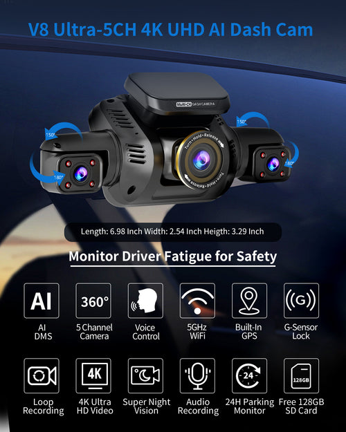 HUPEJOS 360° V8 Ultra-5CH 4K Dash Cam With AI Driver Monitor System DMS Built-in GPS WiFi Night Vision,24/7 Parking Monitor Mode