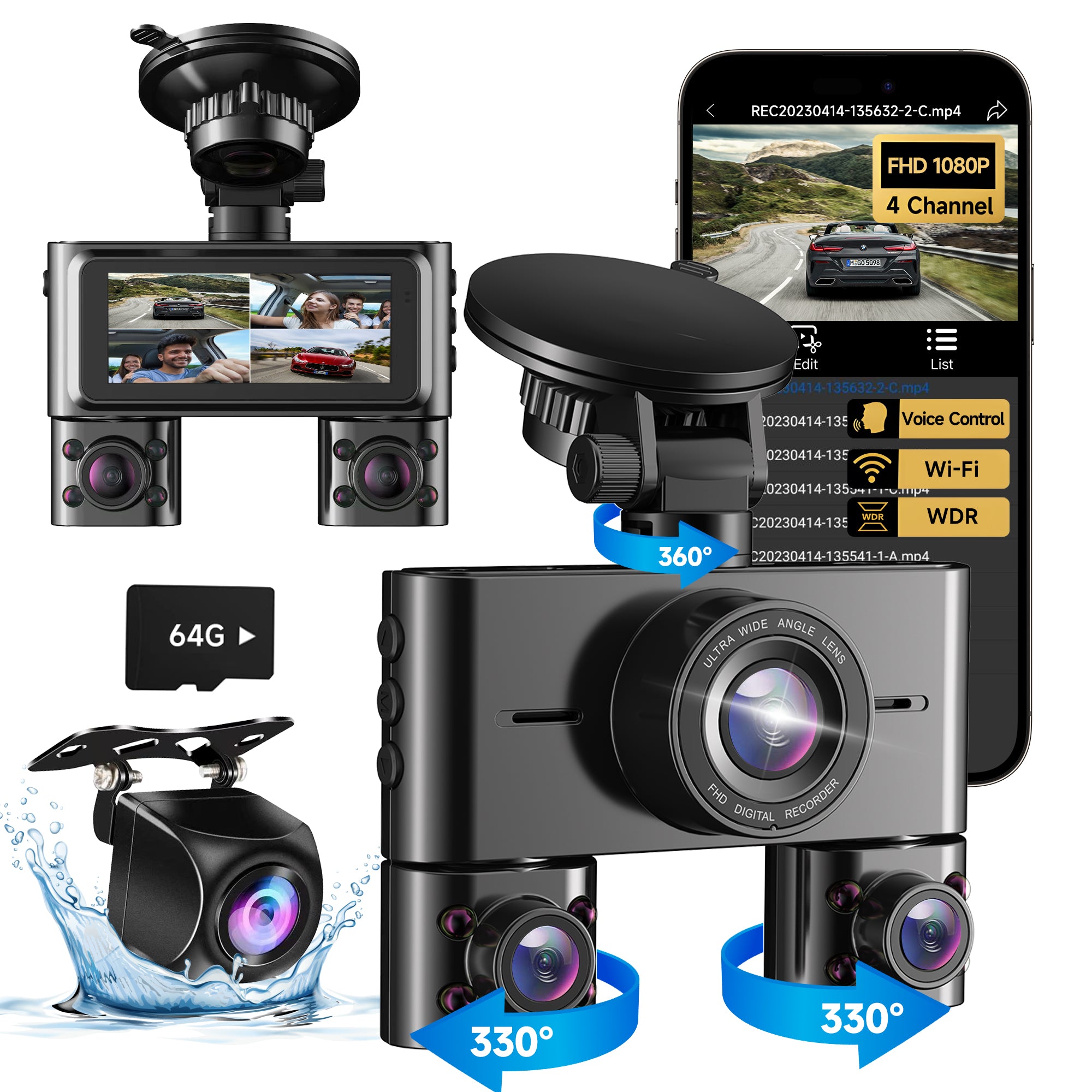 HUPEJOS 360°V7-4CH Dash Cam Front and Rear Inside FHD1080Px4 Built-in Wi-Fi WDR Night Vision Voice Control 24H Parking Mode