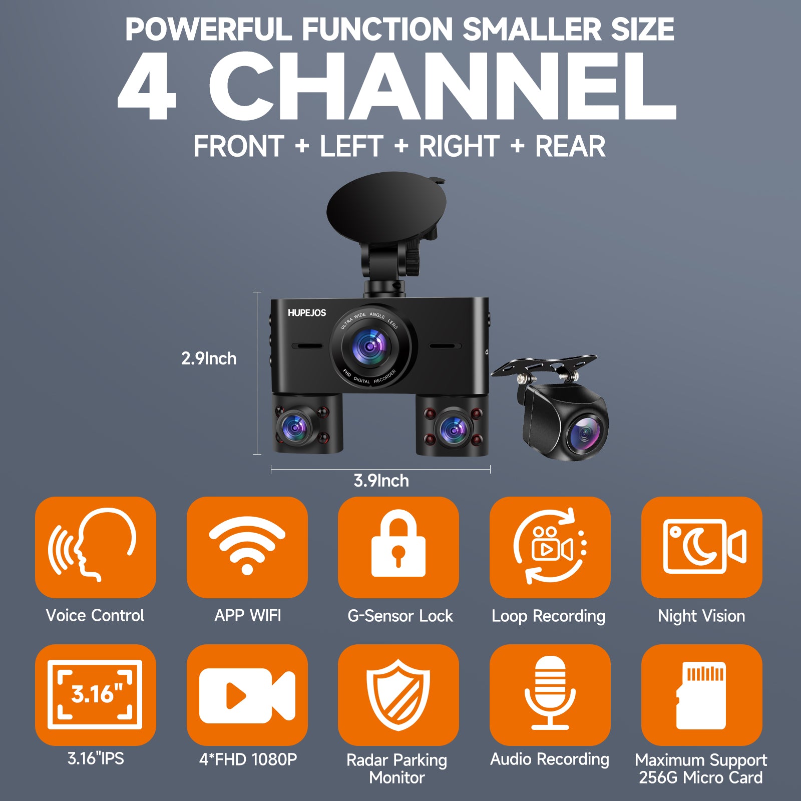 HUPEJOS 360°V7-4CH Dash Cam Front and Rear Inside FHD1080Px4 Built-in Wi-Fi WDR Night Vision Voice Control 24H Parking Mode