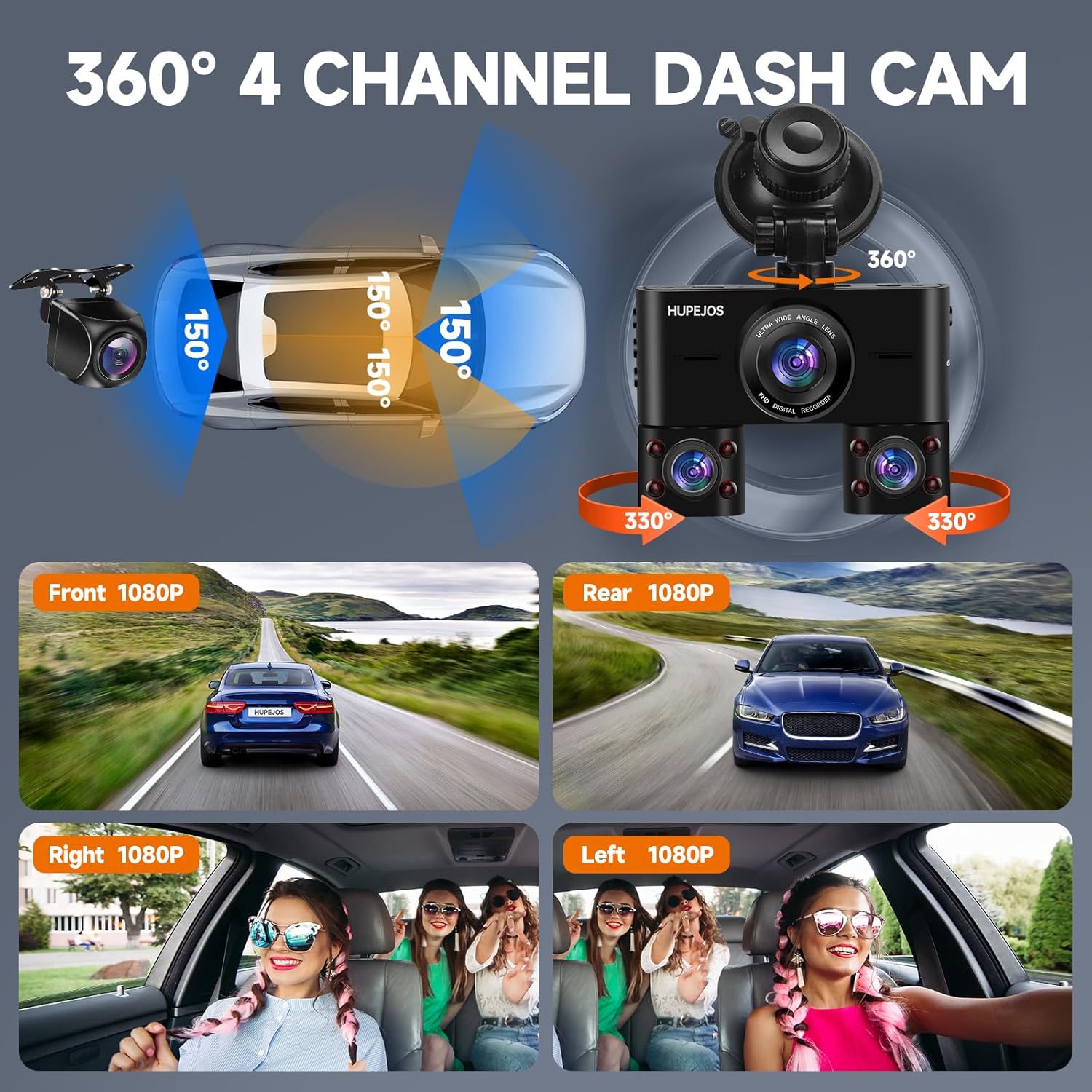 HUPEJOS 360°V7-4CH Dash Cam Front and Rear Inside FHD1080Px4 Built-in Wi-Fi WDR Night Vision Voice Control 24H Parking Mode