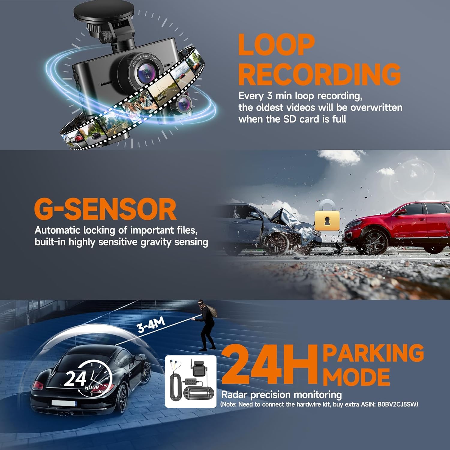 HUPEJOS 360°V7-4CH Dash Cam Front and Rear Inside FHD1080Px4 Built-in Wi-Fi WDR Night Vision Voice Control 24H Parking Mode