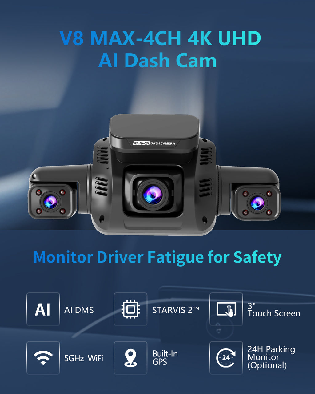 HUPEJOS V8Max-4CH STARVIS 2 HDR IMX675 360° 4K Dash Cam With AI DMS Built-in GPS WiFi Voice Control,3" Touch Screen,Parking Mode