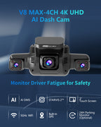 HUPEJOS V8Max-4CH STARVIS 2 HDR IMX675 360° 4K Dash Cam With AI DMS Built-in GPS WiFi Voice Control,3" Touch Screen,Parking Mode