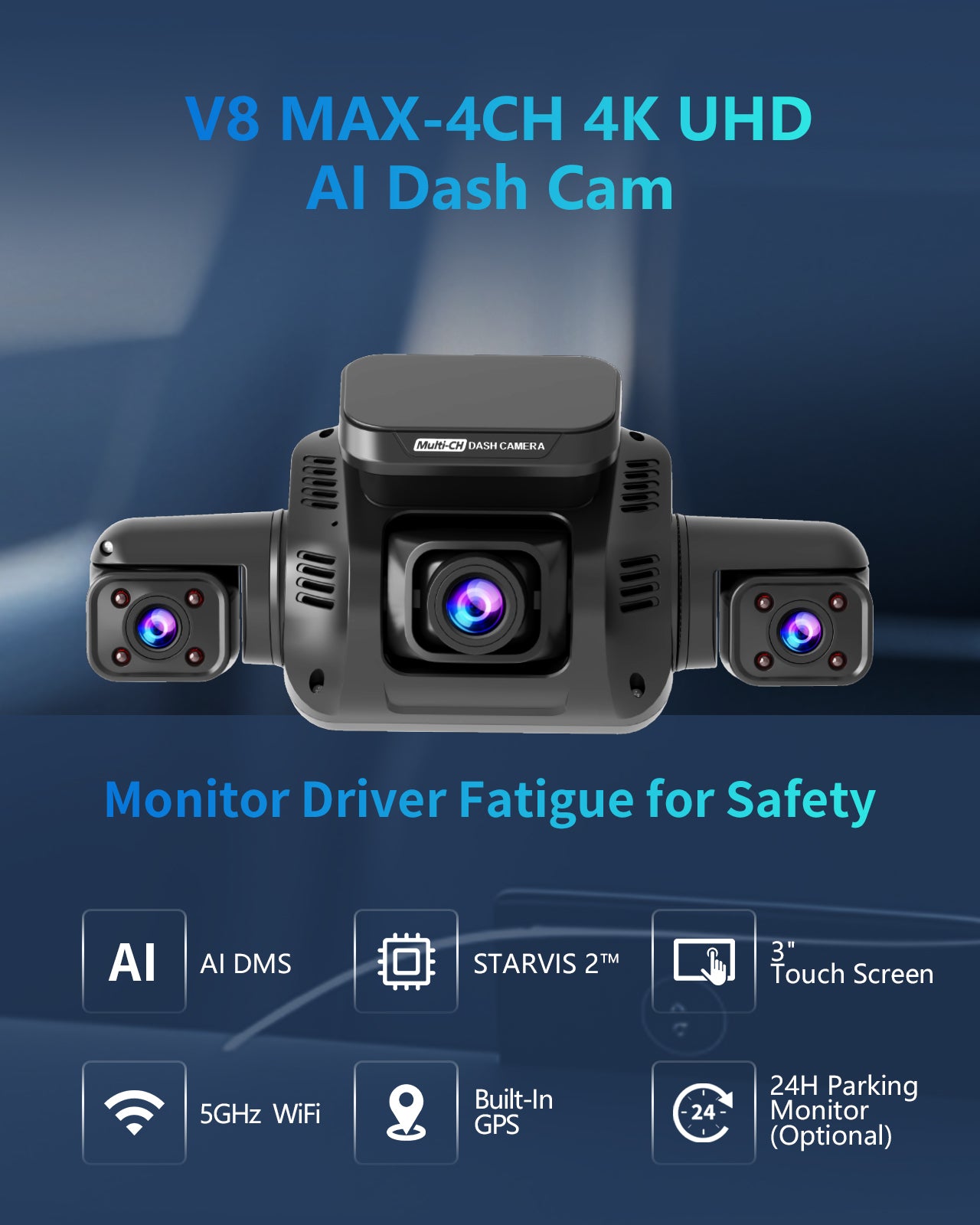 HUPEJOS V8Max-4CH STARVIS 2 HDR IMX675 360° 4K Dash Cam With AI DMS Built-in GPS WiFi Voice Control,3" Touch Screen,Parking Mode