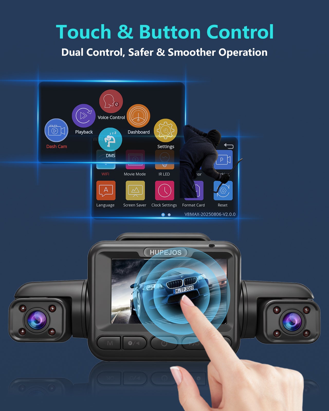 HUPEJOS V8Max-4CH STARVIS 2 HDR IMX675 360° 4K Dash Cam With AI DMS Built-in GPS WiFi Voice Control,3" Touch Screen,Parking Mode