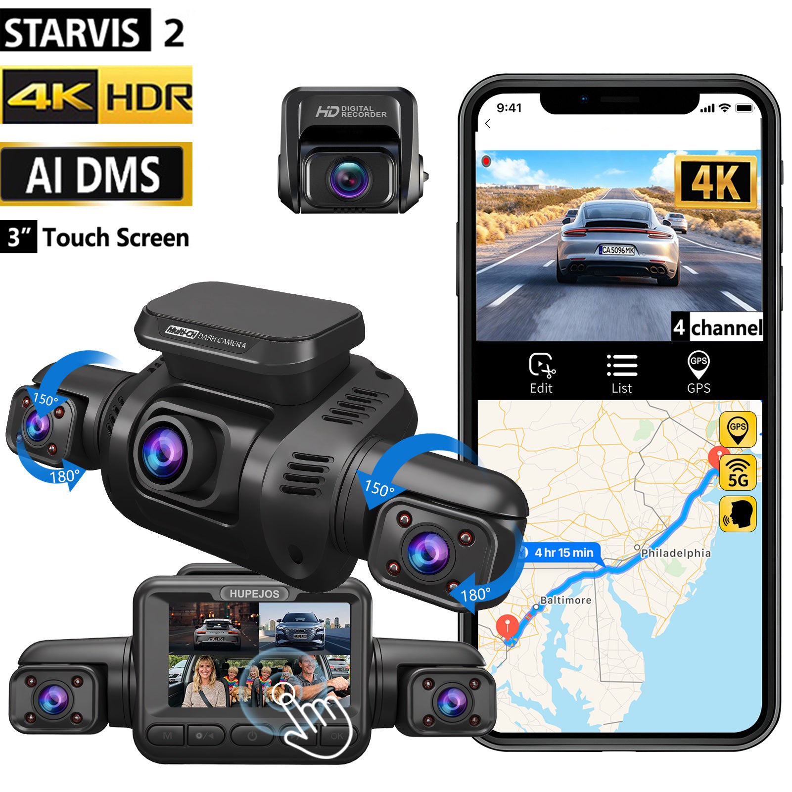 HUPEJOS V8Max-4CH STARVIS 2 HDR IMX675 360° 4K Dash Cam With AI DMS Built-in GPS WiFi Voice Control,3" Touch Screen,Parking Mode